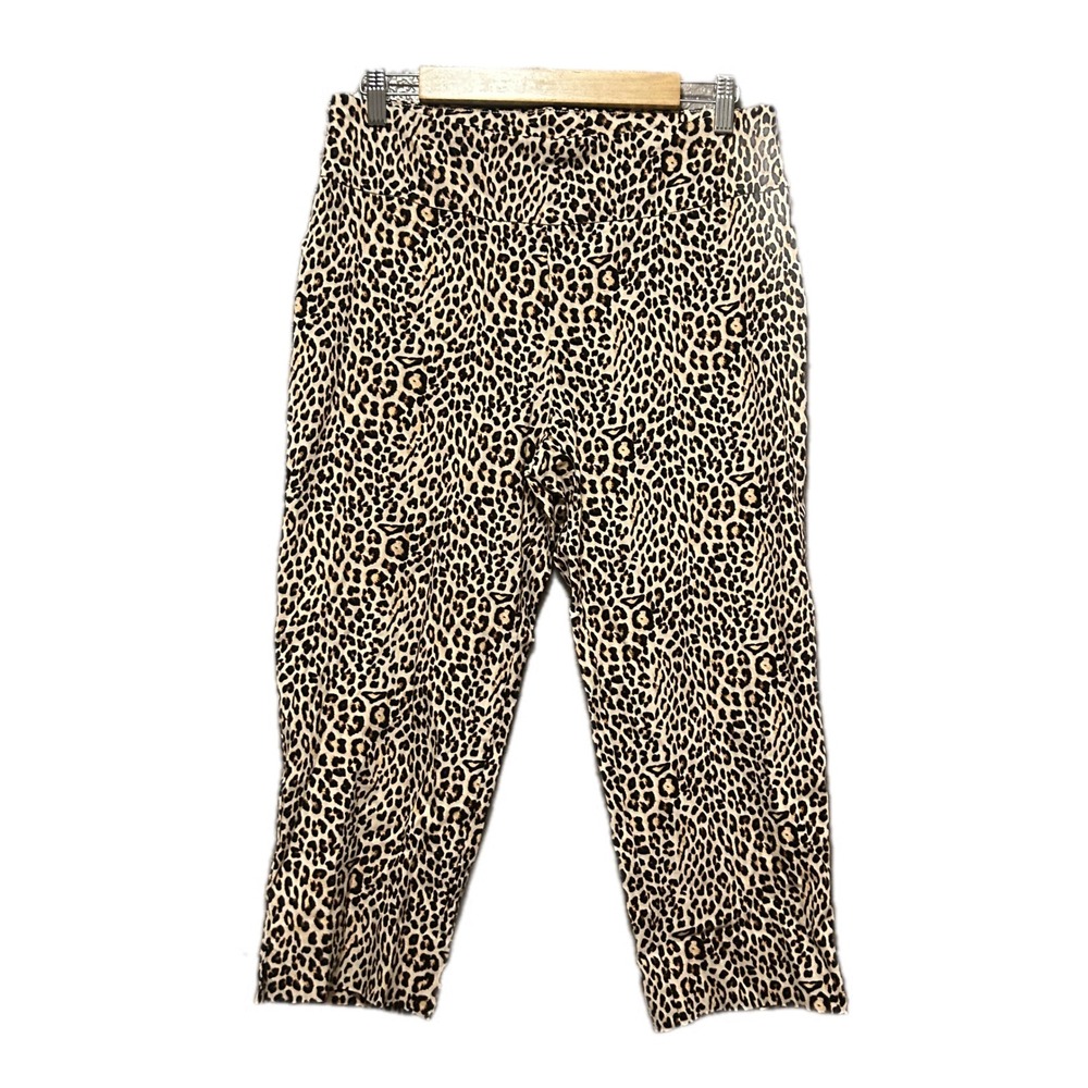 Zac & Rachel Crop Pants Womens 12 Tan Leopard Print Excellent Stretch Trousers